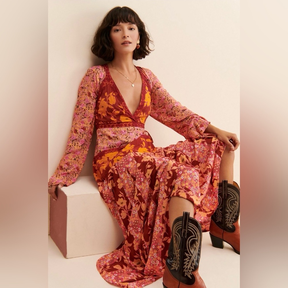 Floral V-Neck Long Sleeve Maxi Dress in Rust and Pink Free People M